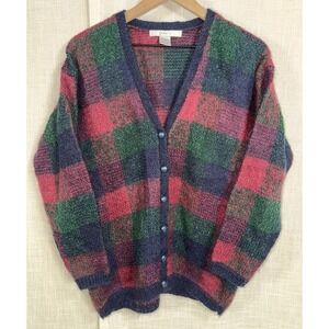 Vintage‎ Lise J. Tartan Plaid Mohair Blend Women's L Large Knit Sweater Cardigan